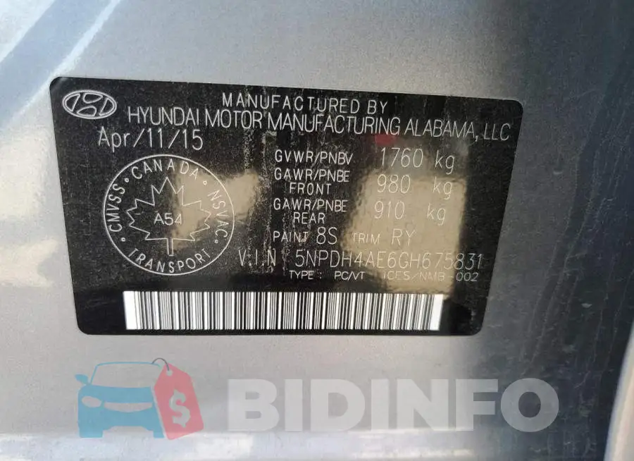 5NPDH4AE6GH675831 Photo# 13