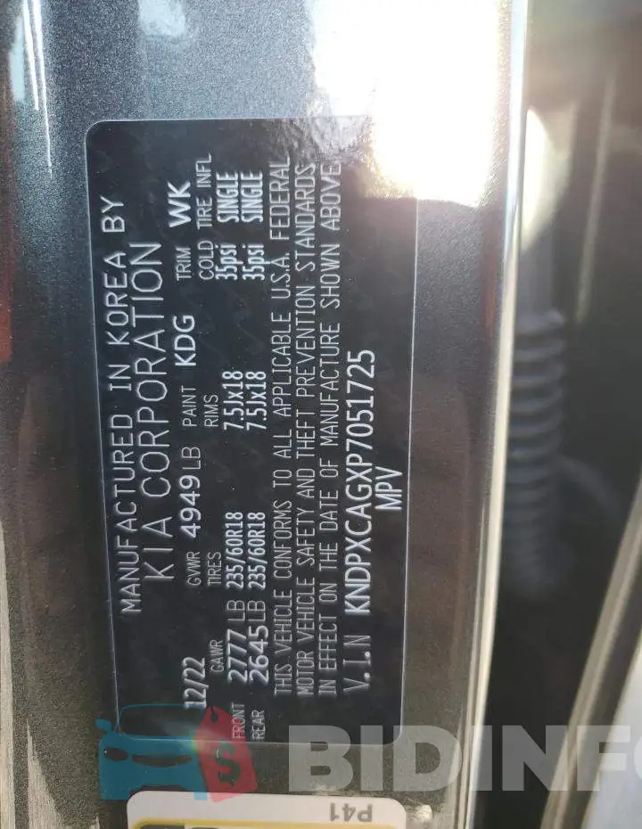KNDPXCAGXP7051725 Photo# 13