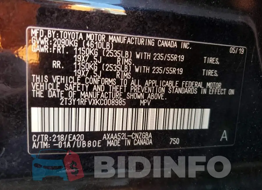 2T3Y1RFVXKC008985 Photo# 13