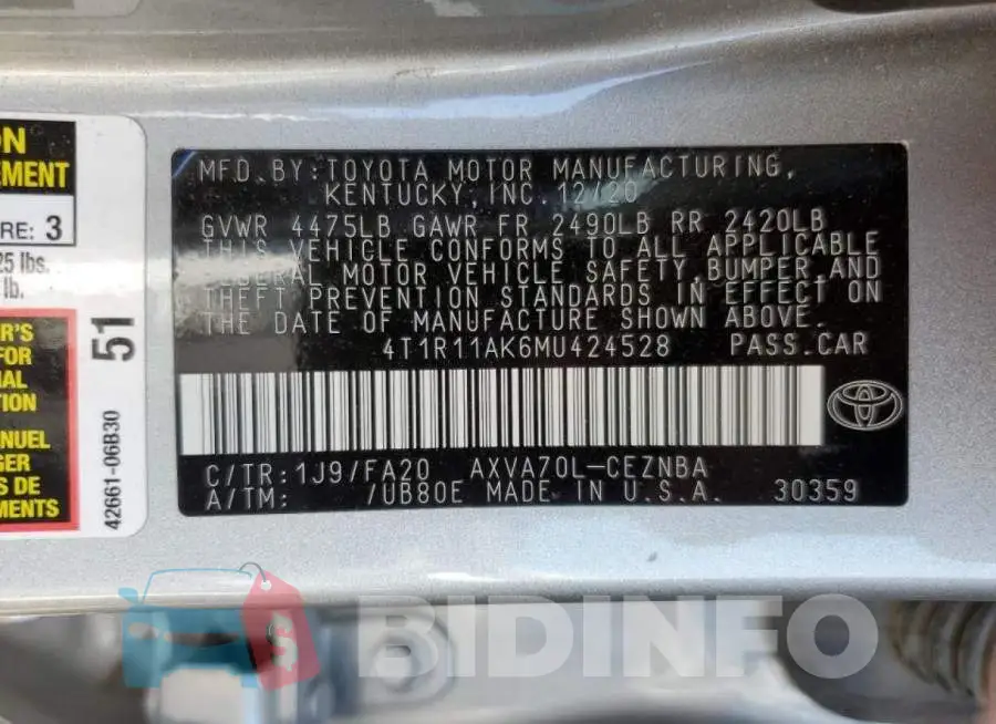 4T1R11AK6MU424528 Photo# 12