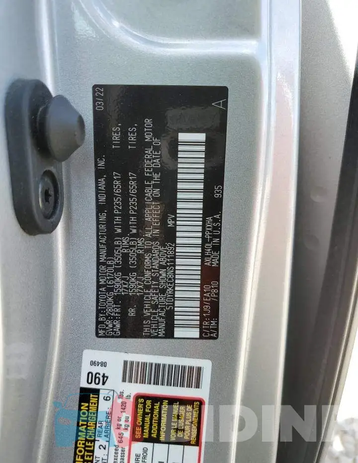 5TDYRKEC8NS111892 Photo# 13