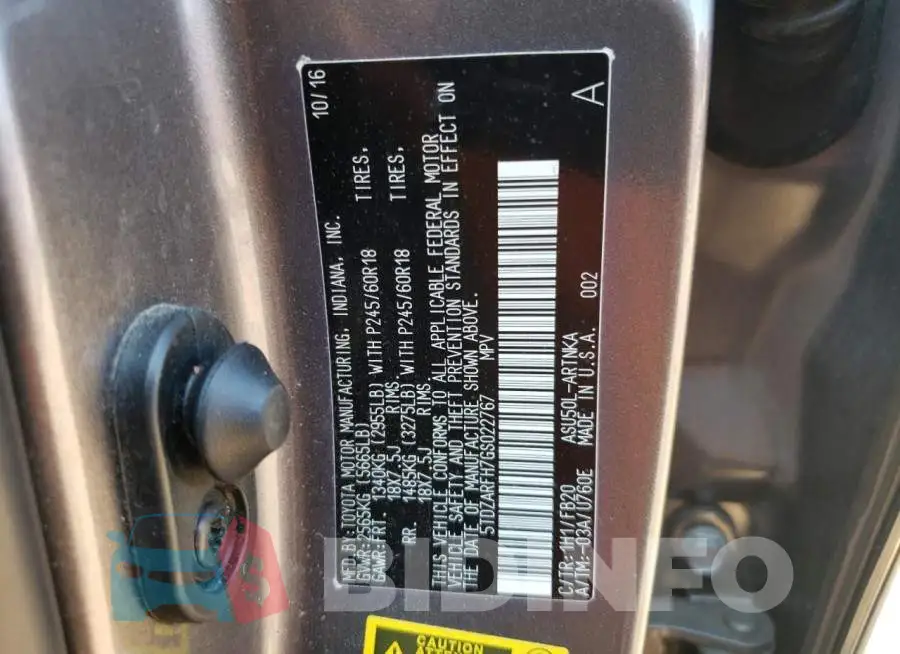 5TDZARFH7GS022767 Photo# 12