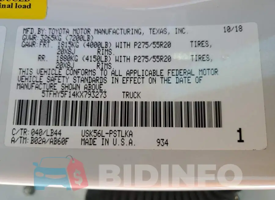 5TFHY5F14KX793273 Photo# 12
