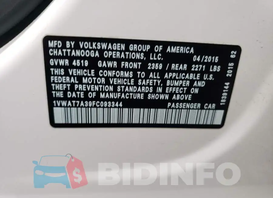 1VWAT7A39FC093344 Photo# 12