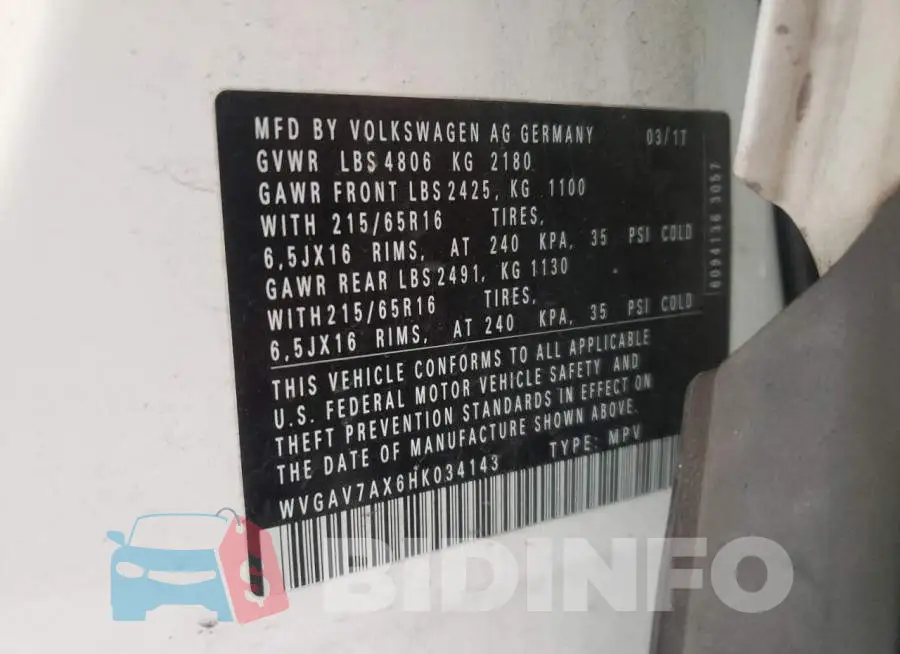 WVGAV7AX6HK034143 Photo# 13