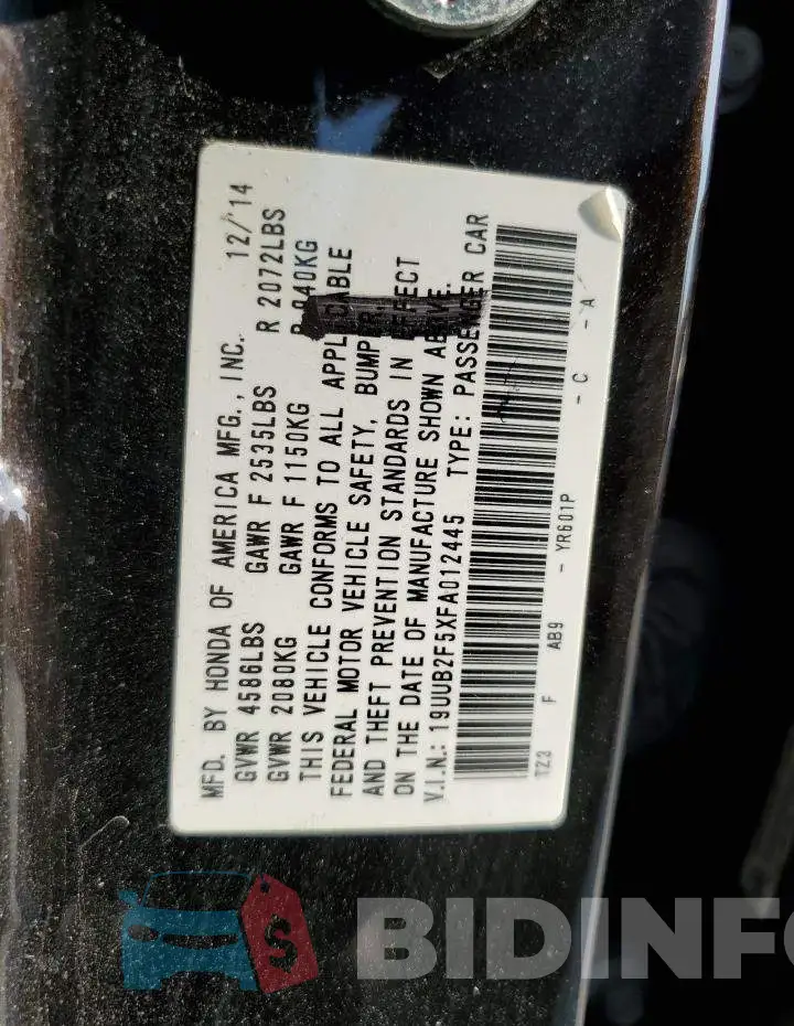 19UUB2F5XFA012445 Photo# 12