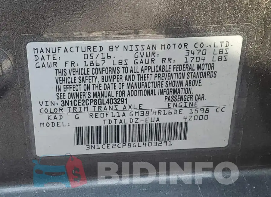 3N1CE2CP8GL403291 Photo# 12
