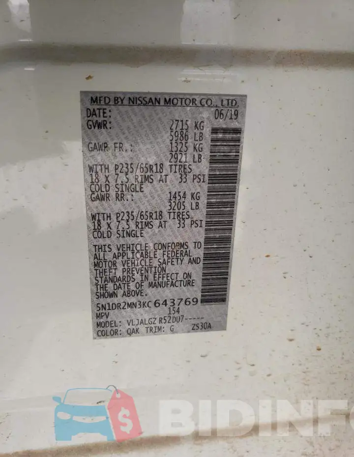 5N1DR2MN3KC643769 Photo# 13