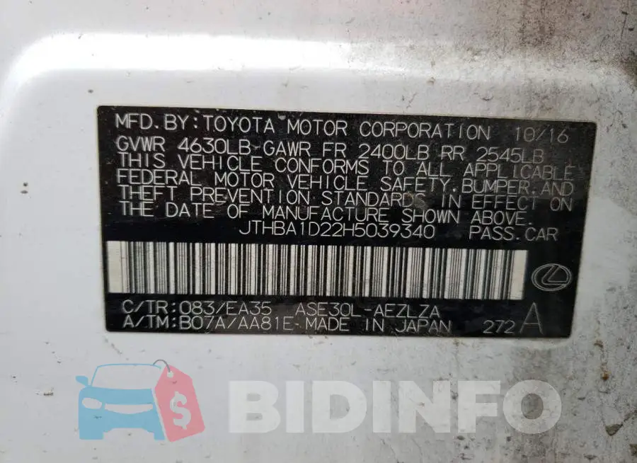 JTHBA1D22H5039340 Photo# 12