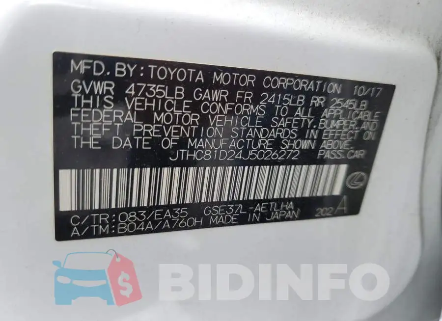 JTHC81D24J5026272 Photo# 12