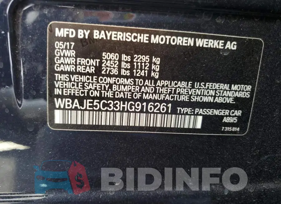 WBAJE5C33HG916261 Photo# 12