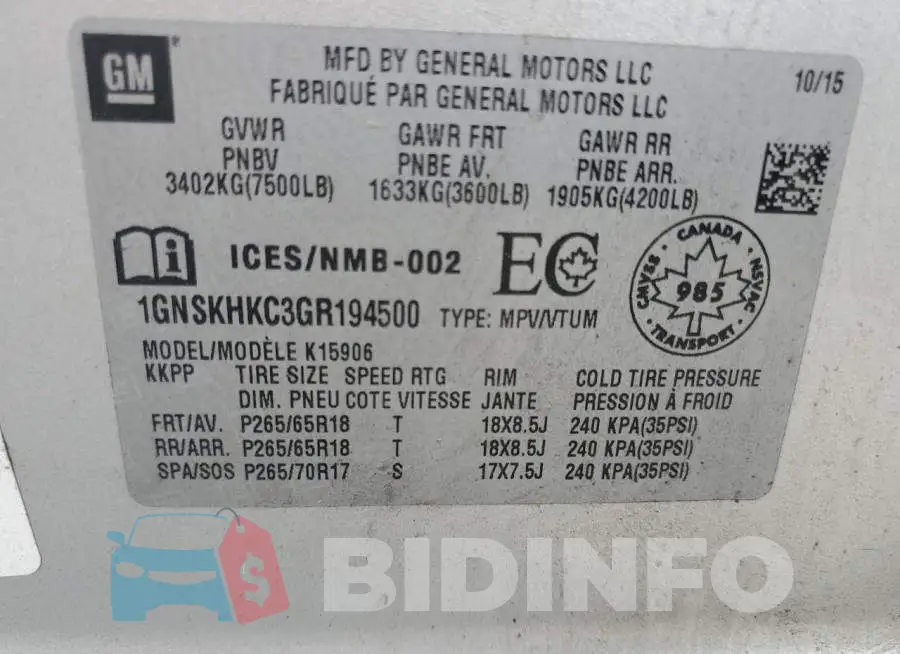 1GNSKHKC3GR194500 Photo# 13