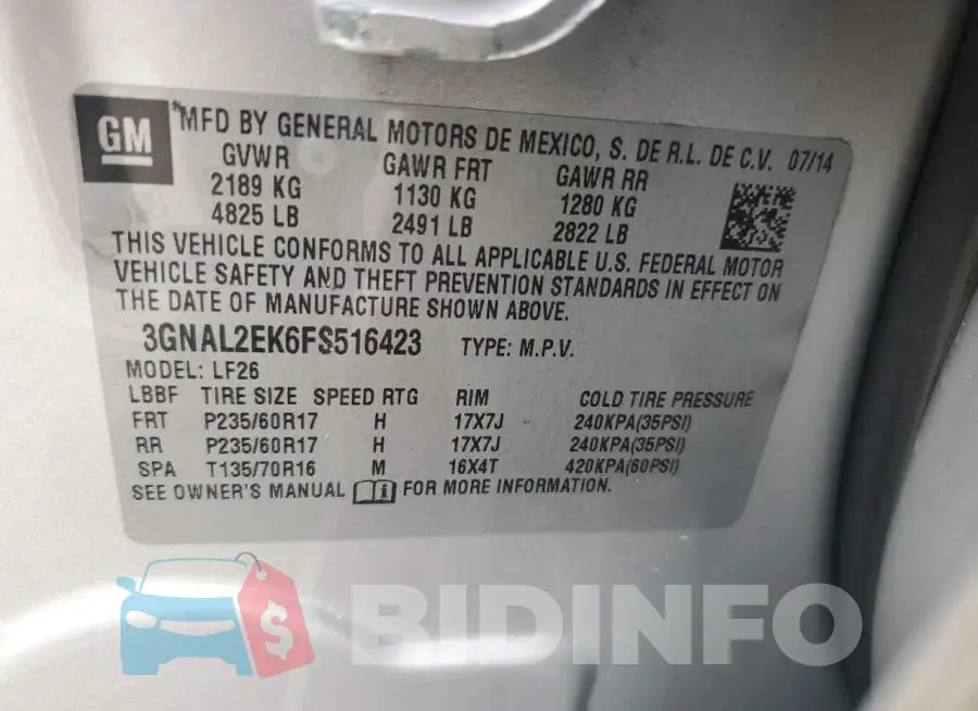 3GNAL2EK6FS516423 Photo# 13