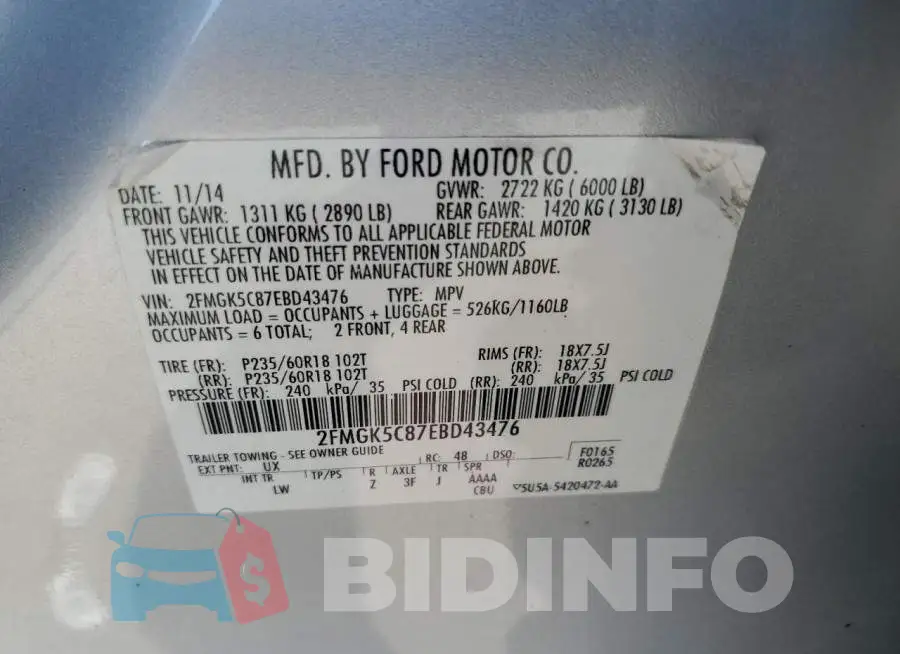 2FMGK5C87EBD43476 Photo# 12