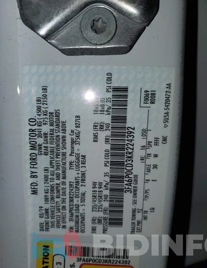 3FA6P0CD3KR224392 Photo# 12