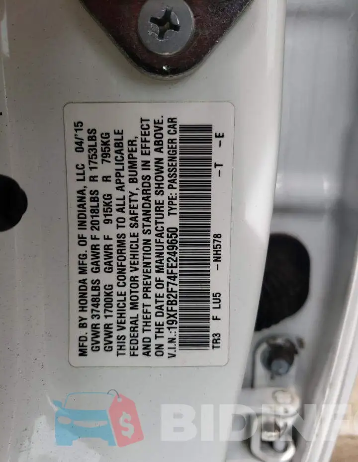19XFB2F74FE249650 Photo# 12
