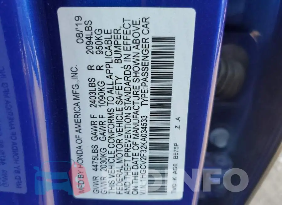 1HGCV2F32KA034533 Photo# 12