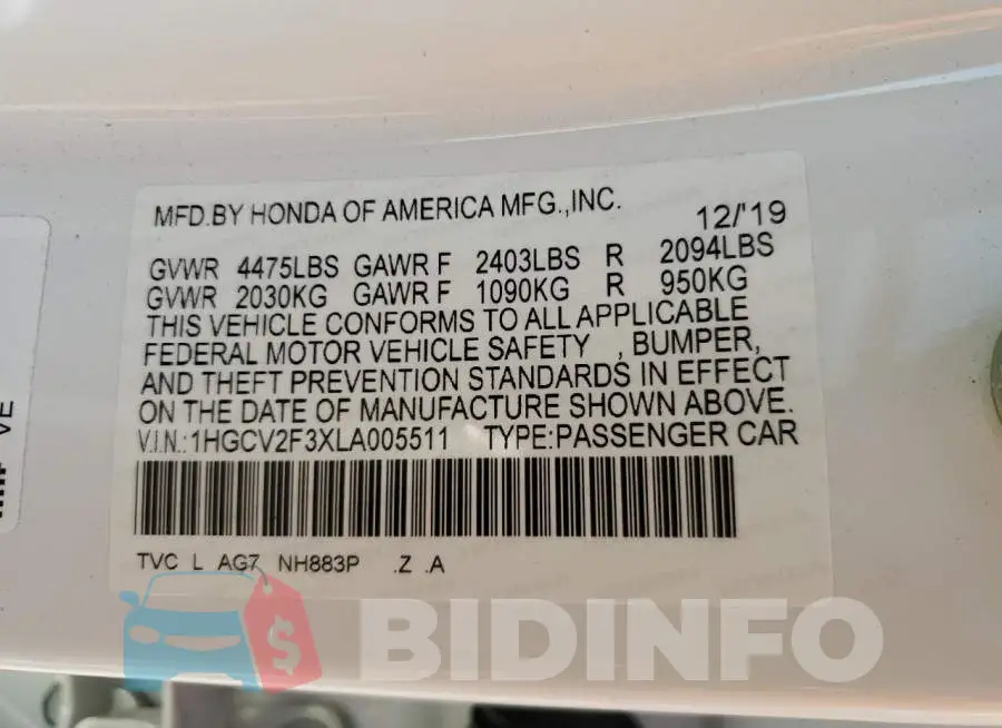 1HGCV2F3XLA005511 Photo# 12