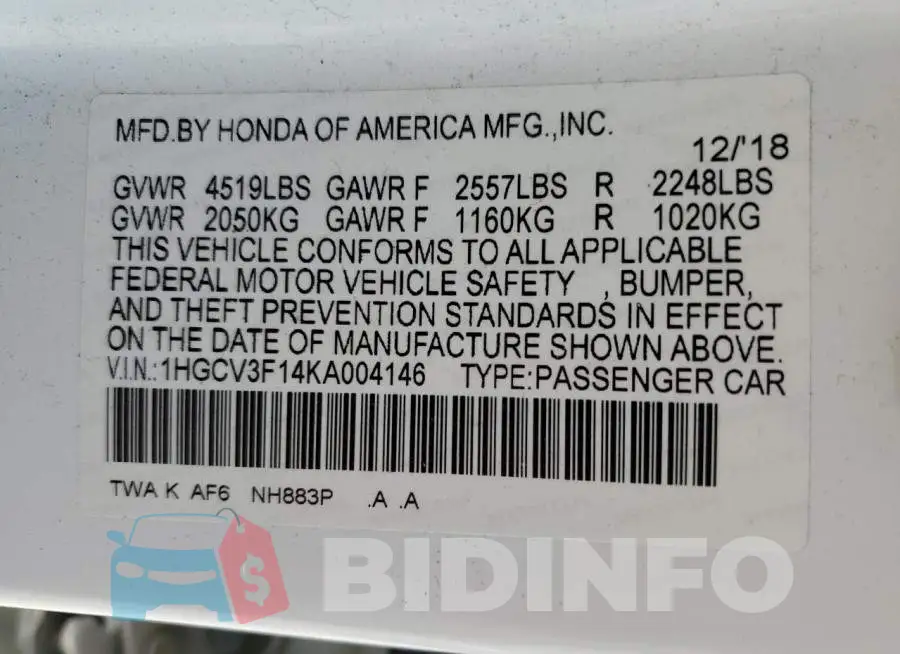 1HGCV3F14KA004146 Photo# 12
