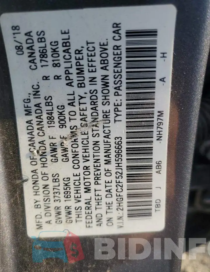 2HGFC2F52JH596663 Photo# 12