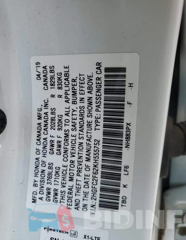 2HGFC2F62KH555752 Photo# 12