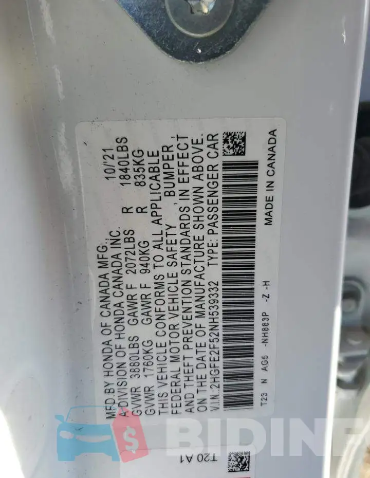 2HGFE2F52NH539332 Photo# 12