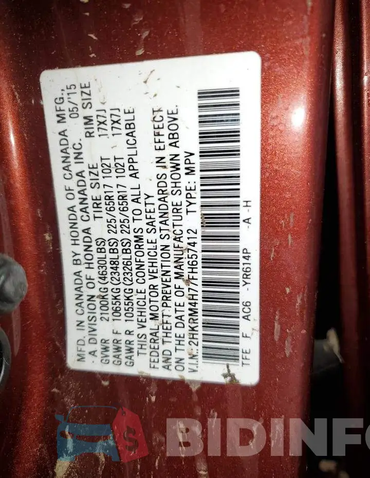 2HKRM4H77FH657412 Photo# 14