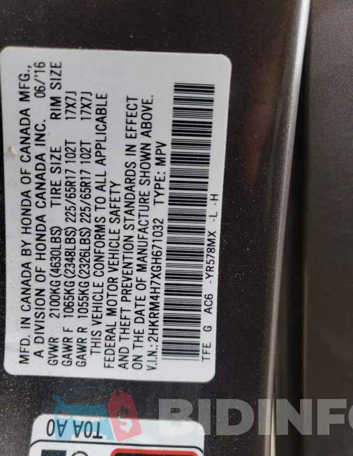 2HKRM4H7XGH671032 Photo# 13