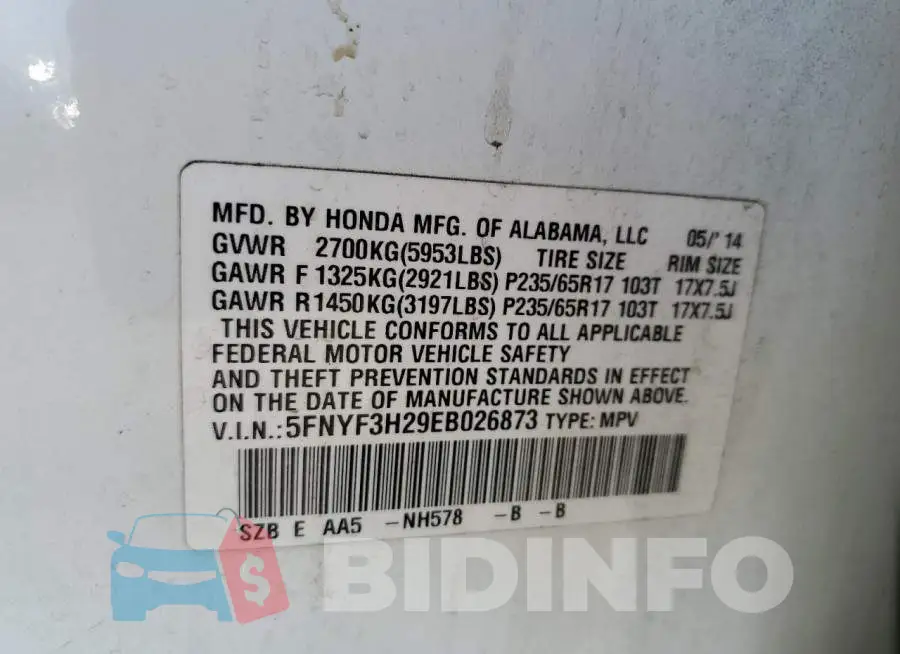 5FNYF3H29EB026873 Photo# 13