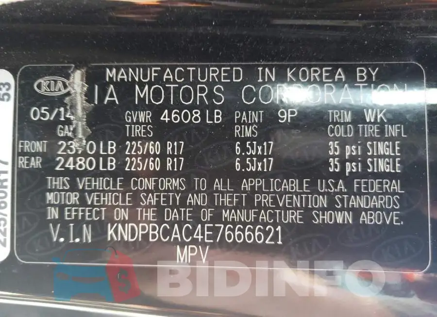 KNDPBCAC4E7666621 Photo# 13