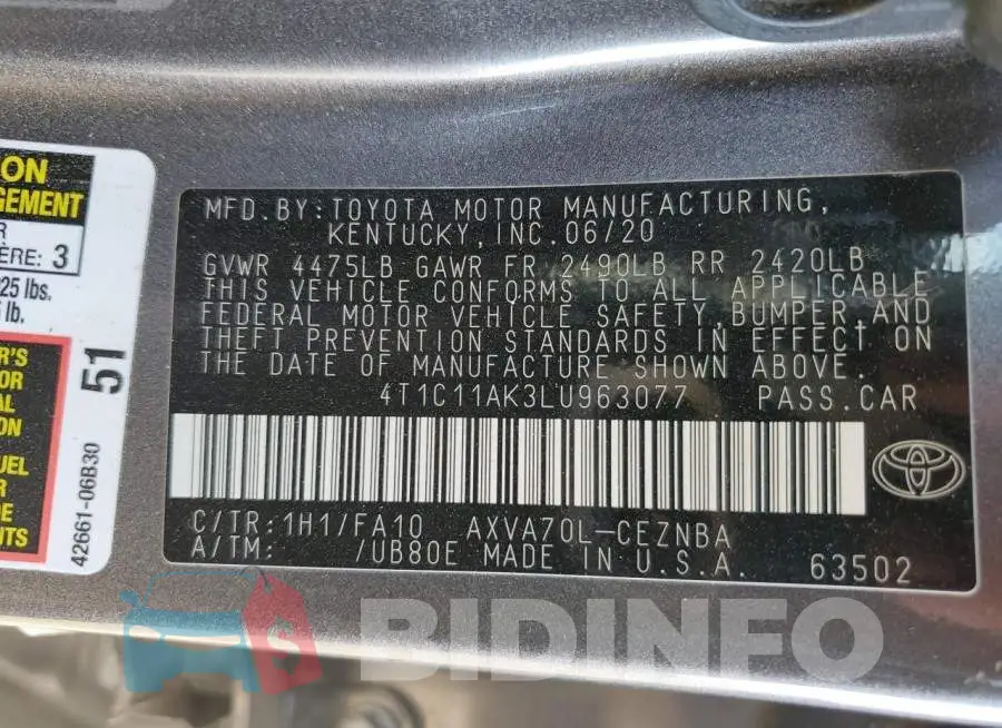 4T1C11AK3LU963077 Photo# 12