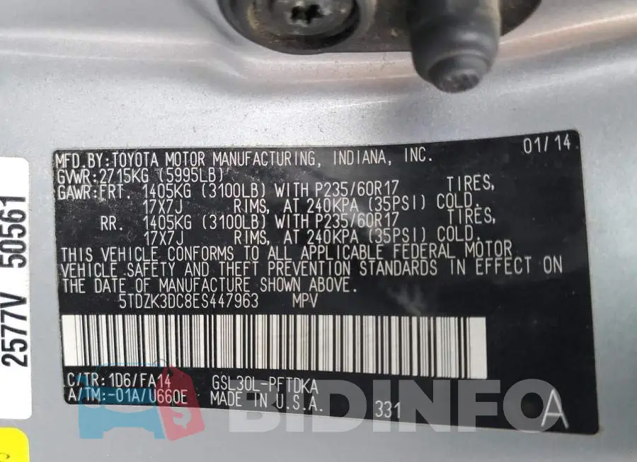 5TDZK3DC8ES447963 Photo# 14
