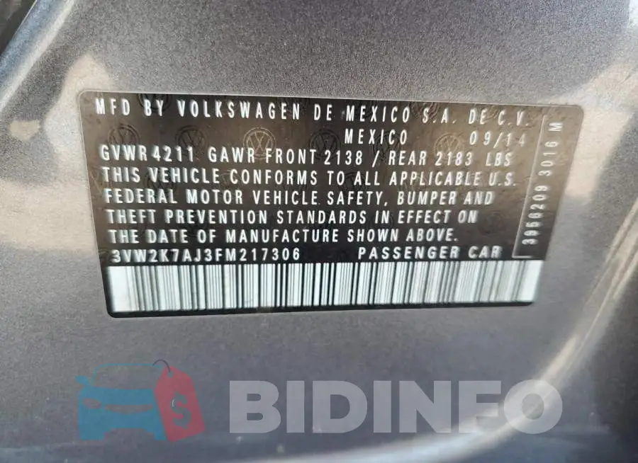 3VW2K7AJ3FM217306 Photo# 12