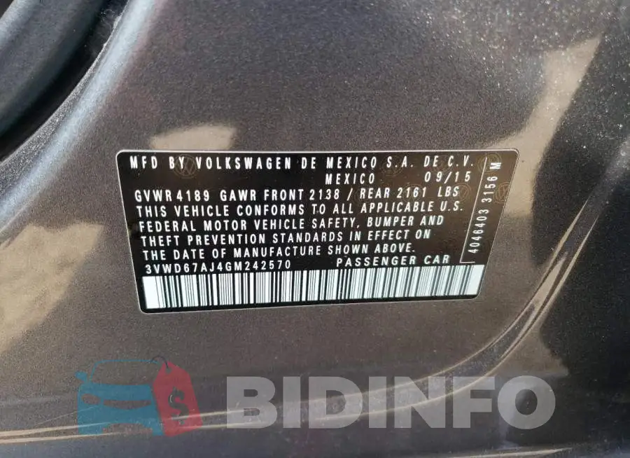 3VWD67AJ4GM242570 Photo# 12