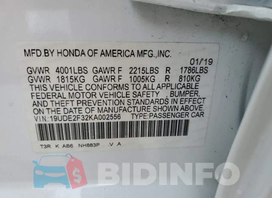 19UDE2F32KA002556 Photo# 12