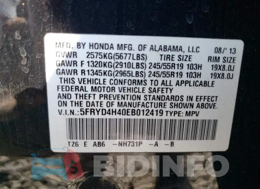 5FRYD4H40EB012419 Photo# 12