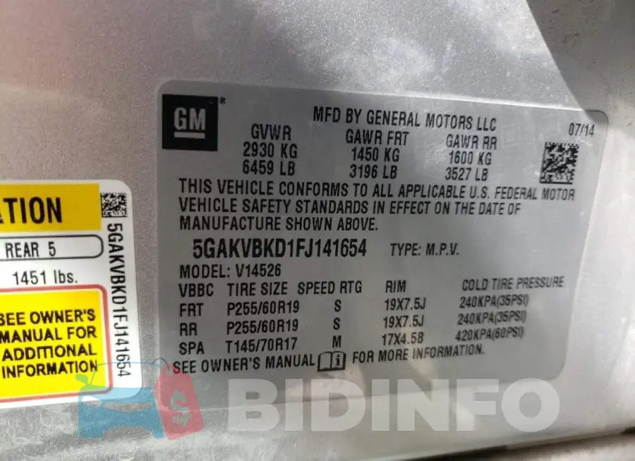 5GAKVBKD1FJ141654 Photo# 13