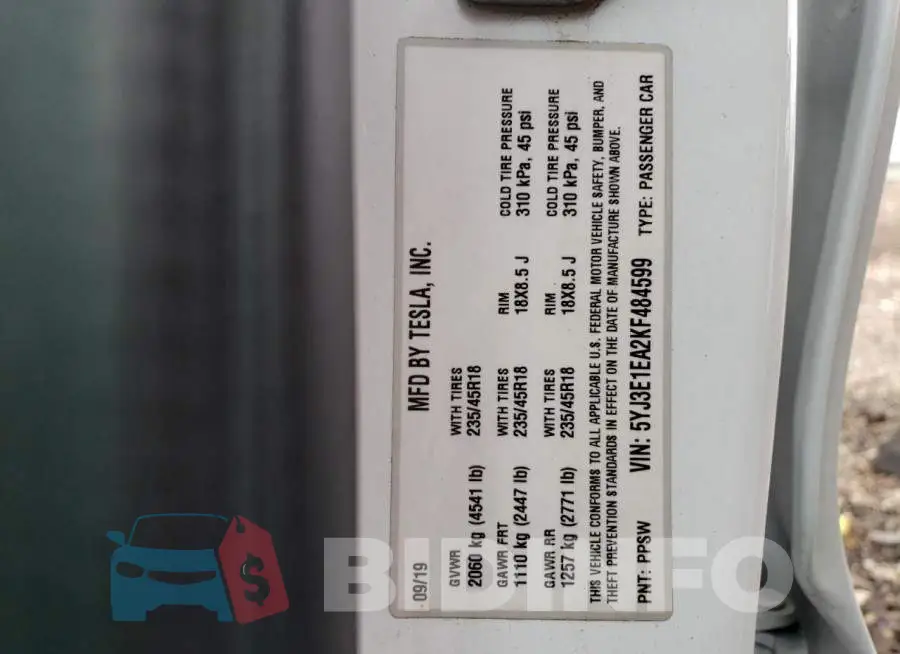 5YJ3E1EA2KF484599 Photo# 12