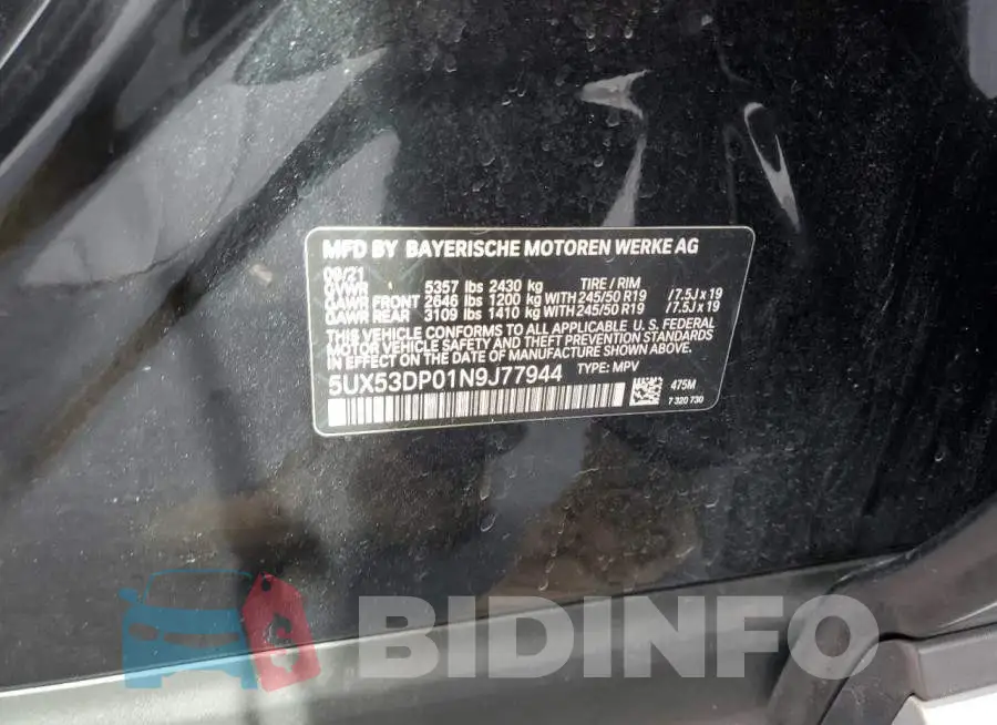 5UX53DP01N9J77944 Photo# 12
