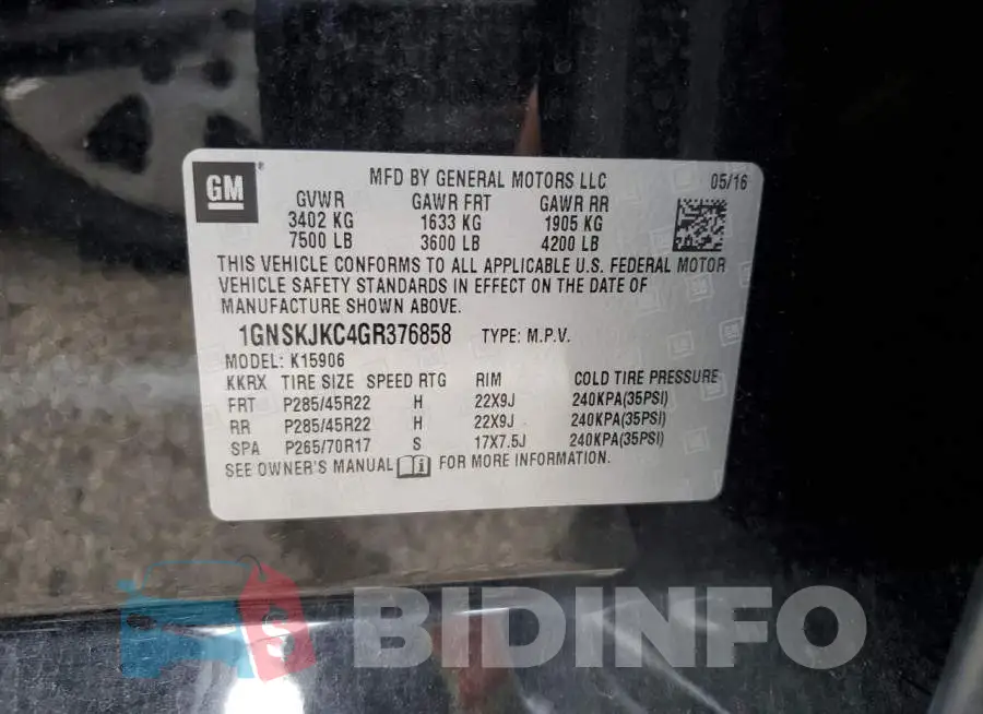 1GNSKJKC4GR376858 Photo# 13