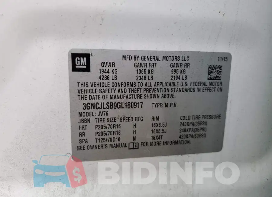 3GNCJLSB9GL180917 Photo# 13