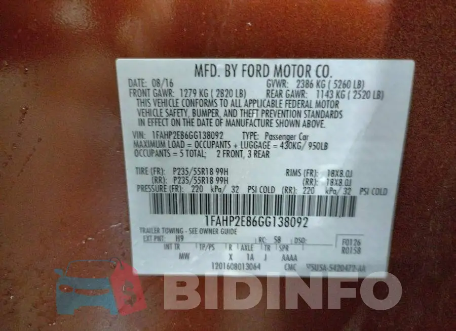 1FAHP2E86GG138092 Photo# 13