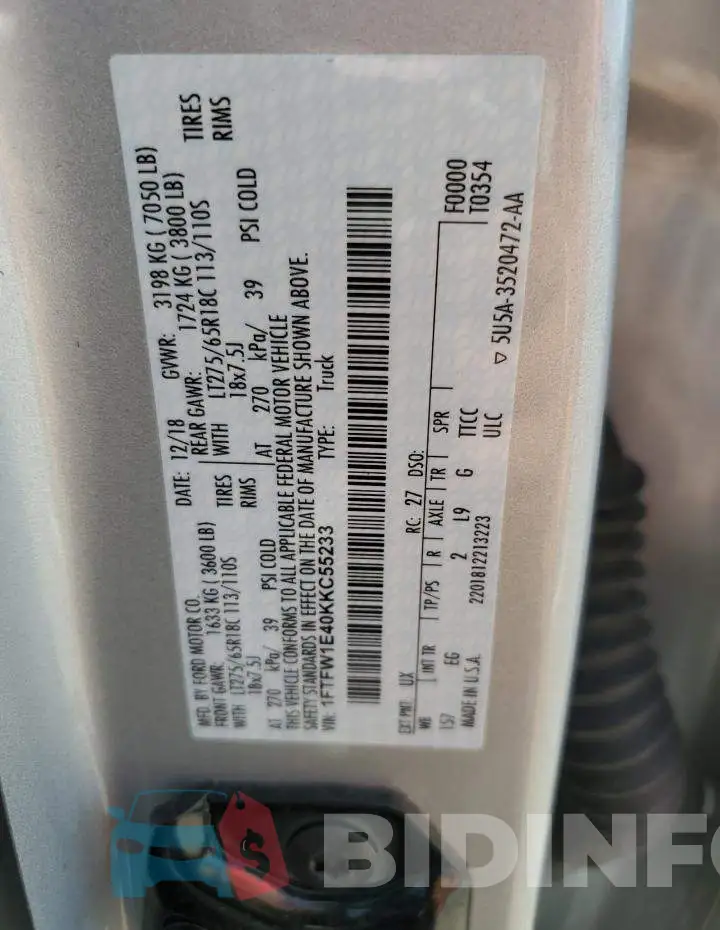 1FTFW1E40KKC55233 Photo# 12