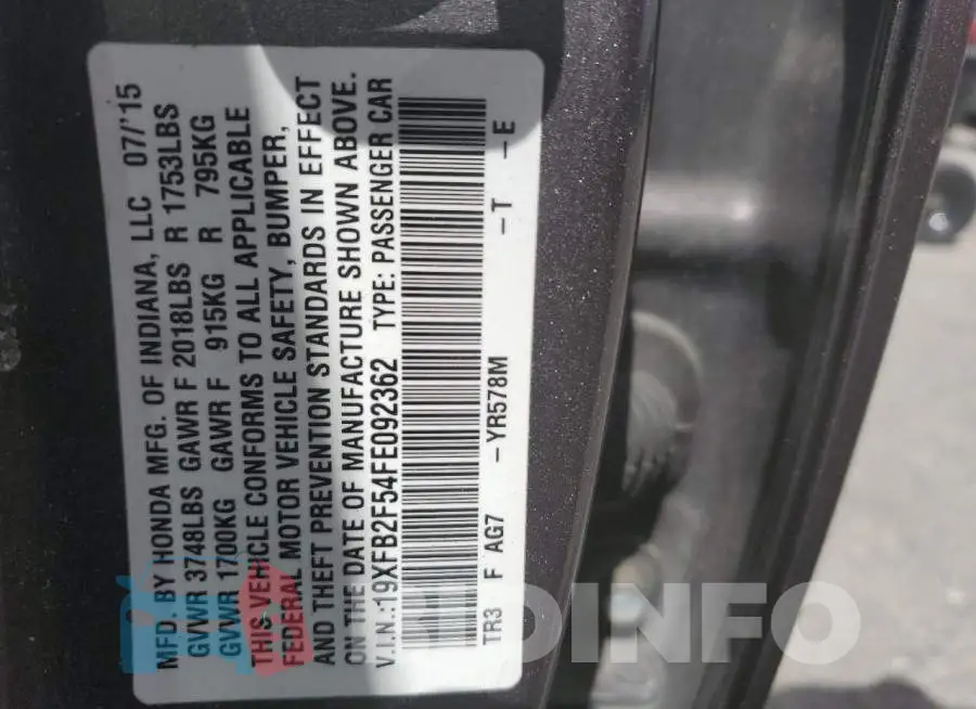 19XFB2F54FE092362 Photo# 12