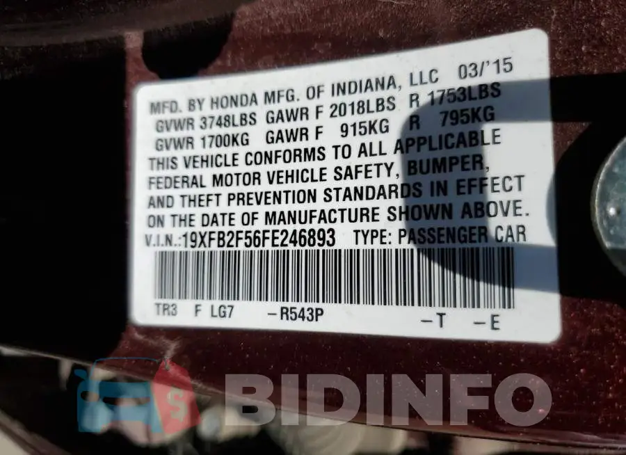 19XFB2F56FE246893 Photo# 12