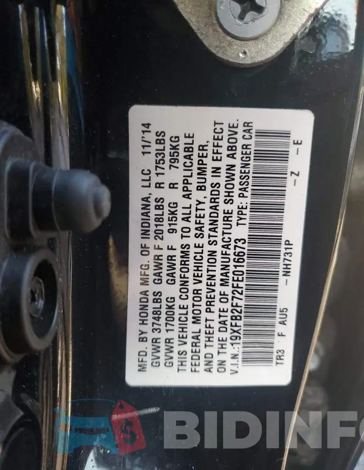 19XFB2F72FE016673 Photo# 12