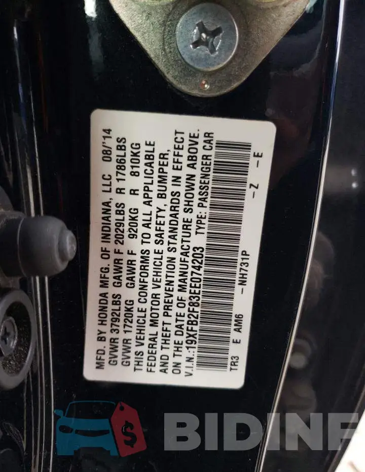 19XFB2F83EE074203 Photo# 13