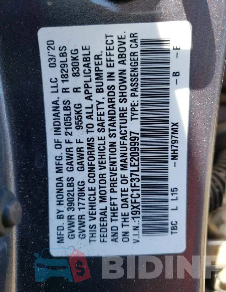 19XFC1F37LE209997 Photo# 12