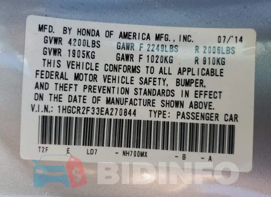 1HGCR2F33EA270844 Photo# 12