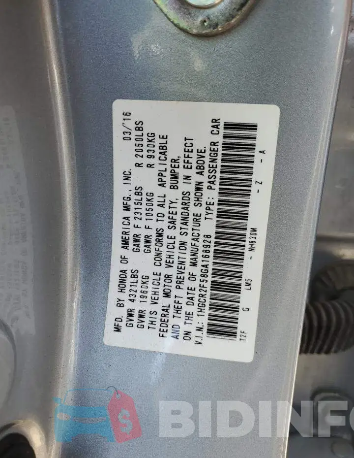 1HGCR2F58GA168928 Photo# 12